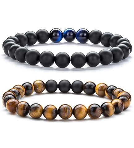 Natural Tiger Eye Stone Matte Black Beaded Bracelet Set For Men Women Handmade Couple Buddha Beads Elastic Rope Jewelry