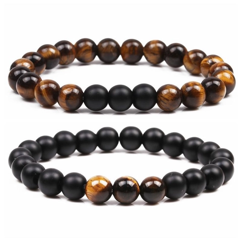 Natural Tiger Eye Stone Matte Black Beaded Bracelet Set For Men Women Handmade Couple Buddha Beads Elastic Rope Jewelry