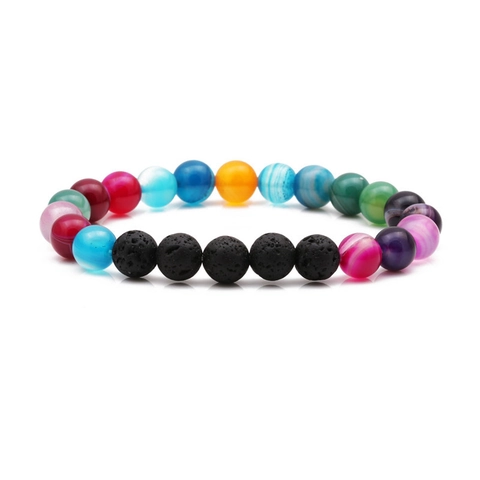 Pulsera de Cuentas de Piedra de Ágata Rayada Natural Pulseras Elásticas de Piedra de Lava Volcánica para Hombres Mujeres Joyería de Energía