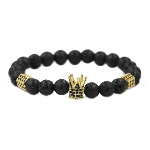 Men's Natural Lava Stone Beaded Bracelet With Crown Skull Copper Micro-set CZ Zirconia Punk Fashion Elastic Charm Bracelet