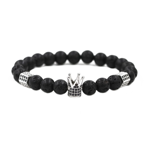 Men's Natural Lava Stone Beaded Bracelet With Crown Skull Copper Micro-set CZ Zirconia Punk Fashion Elastic Charm Bracelet
