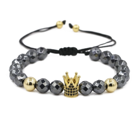 Hematite Beaded Crown Bracelet Micro Inlaid Zirconia Faceted Beads Adjustable Rope Chain Jewelry For Men Women Fashion Gift