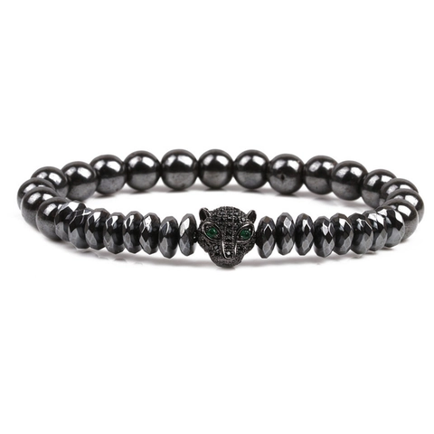 Leopard Head Beaded Bracelet Hematite Zircon Men Women Animal Charm Elastic Hand String Hip Hop Jewelry Gift