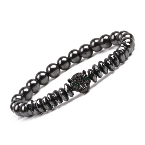 Leopard Head Beaded Bracelet Hematite Zircon Men Women Animal Charm Elastic Hand String Hip Hop Jewelry Gift