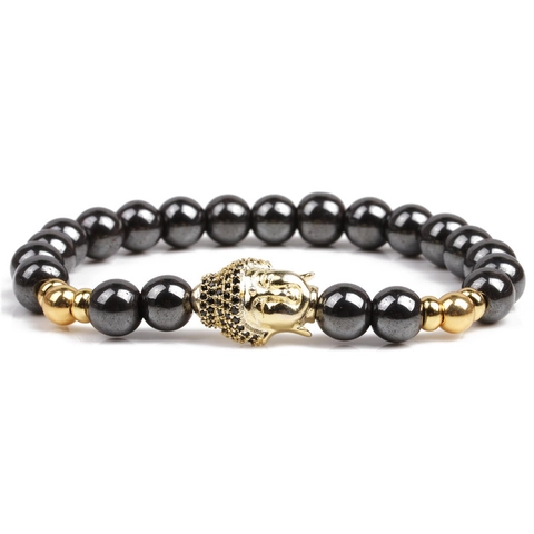 Pulsera de Cuentas de Hematita Magnética para Hombre Cabeza de Buda de Cobre con Microcirconita Étnica Religiosa Elástica Regalo