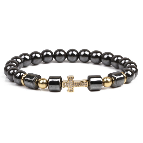 Men Hematite Beaded Bracelet Zirconia Cross Pendant Religious Punk Vintage Fashion Jewelry For Daily Wear Gift Idea