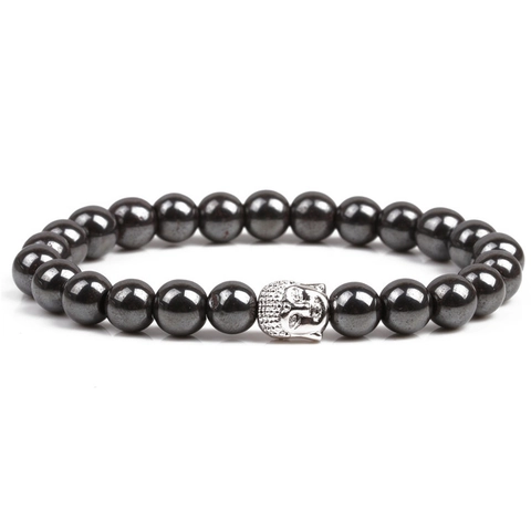 Magnetic Hematite Buddha Head Beaded Bracelet Elastic Spiritual Ethnic Retro Unisex Jewelry For Yoga Meditation Daily Wear
