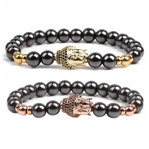 Pulsera de Cuentas de Hematita Magnética para Hombre Cabeza de Buda de Cobre con Microcirconita Étnica Religiosa Elástica Regalo