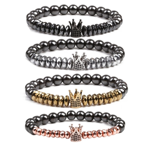 Men Hematite Stone Beaded Bracelet With Copper Zirconia Crown Charm Elastic Band Fashion Jewelry Gift For Men Women