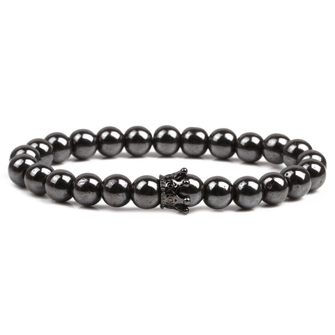 Magnetic Hematite Beaded Bracelet With Copper Crown Micro Inlaid Zirconia Stone Elastic Stretch Unisex Jewelry Gift