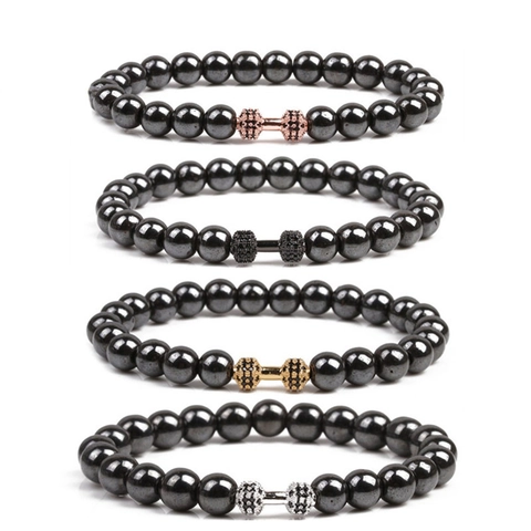 Men Beaded Stone Bracelet With Copper Micro Pave Rhinestone Dumbbell Fitness Fashion Jewelry Stretch Bracelet For Gift