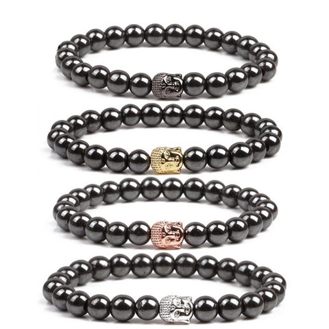 Magnetic Hematite Buddha Head Beaded Bracelet Elastic Spiritual Ethnic Retro Unisex Jewelry For Yoga Meditation Daily Wear