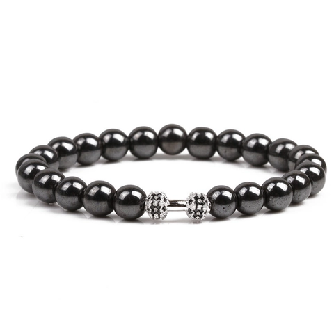 Men Beaded Stone Bracelet With Copper Micro Pave Rhinestone Dumbbell Fitness Fashion Jewelry Stretch Bracelet For Gift