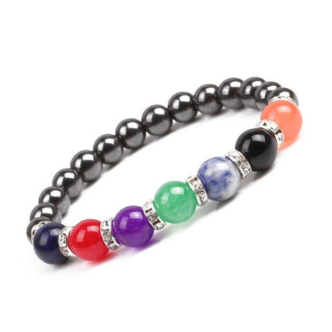 Natural Stone 7 Chakra Beaded Bracelet Healing Energy Elastic Stretch Hematite Rhinestone Bracelet Gift For Men Women