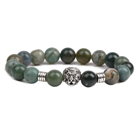 Natural Moss Agate Stone Beaded Bracelet With Silver Lion Head Charm For Men Women Vintage Ethnic Style Jewelry