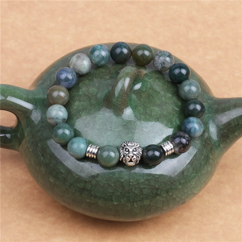 Natural Moss Agate Stone Beaded Bracelet With Silver Lion Head Charm For Men Women Vintage Ethnic Style Jewelry