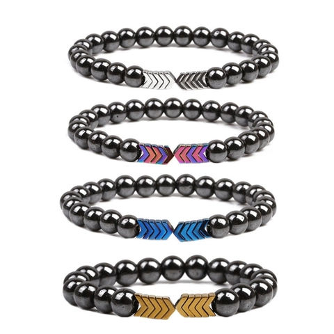Magnetisches Hämatit Perlenarmband Für Damen Herren Kupfer Zirkonia Pfeil V-Form Charm Elastischer Heilschmuck Geschenk