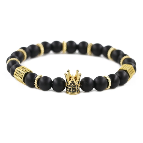 Natural Stone Beaded Bracelet With Alloy Micro Inlaid Zirconia Crown Pendant Vintage Imperial Stone Elastic Bracelet For Unisex Jewelry