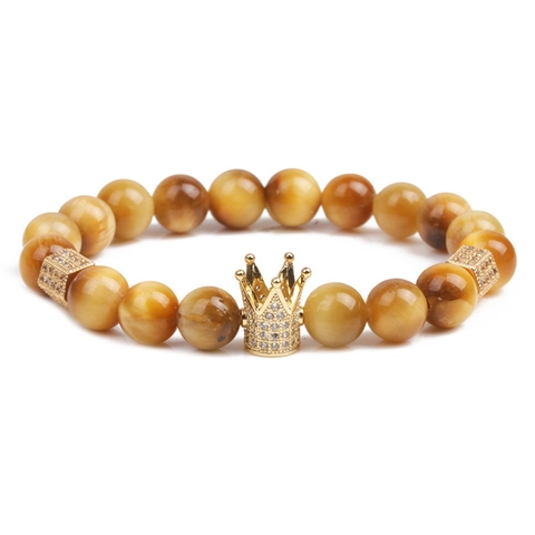 Natural Yellow Tiger Eye Beaded Bracelet For Men With Gold Crown Rhinestone Accents Elastic Healing Energy Jewelry Accessory