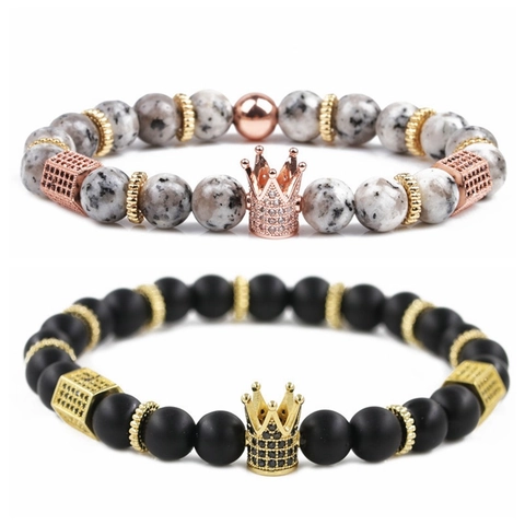 Natural Stone Beaded Bracelet With Alloy Micro Inlaid Zirconia Crown Pendant Vintage Imperial Stone Elastic Bracelet For Unisex Jewelry