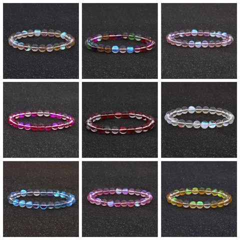 Bracelet en Perles Pierre de Lune Aurore Iridescent Minimaliste Pierre de Lune en Verre Synthétique Bracelet Élastique Bijoux Femme