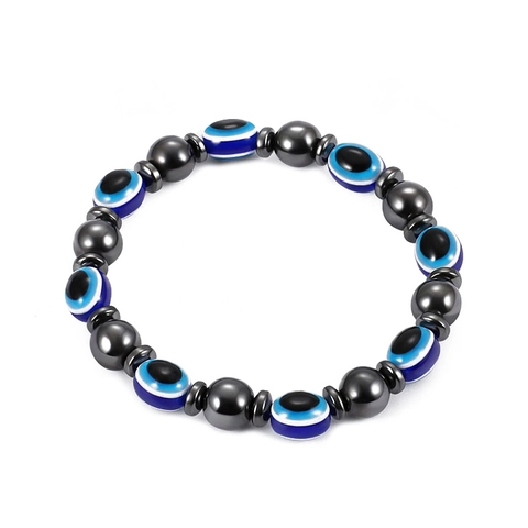 Western Style Evil Eye Beaded Bracelet Magnetic Hematite Stone Resin Beads Elastic Stretch Bracelet For Men Women Jewelry