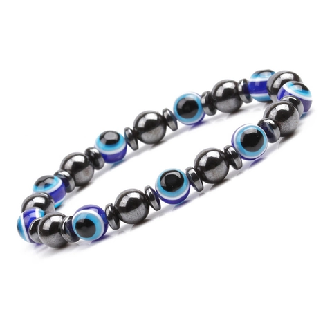 Western Style Evil Eye Beaded Bracelet Magnetic Hematite Stone Resin Beads Elastic Stretch Bracelet For Men Women Jewelry
