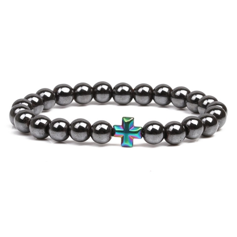 Magnetic Hematite Beaded Bracelet With Colorful Blue Cross Pendant Elastic Charm Bracelet For Men Fashion Jewelry