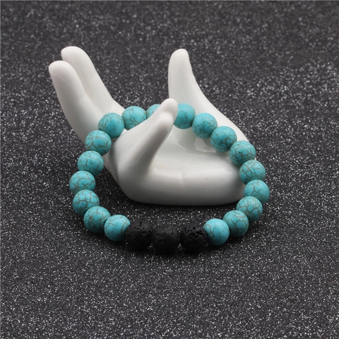 Natural Turquoise Lava Stone Beaded Bracelet Men Healing Energy Rock Beads Elastic Yoga Meditation Hand Chain Jewelry