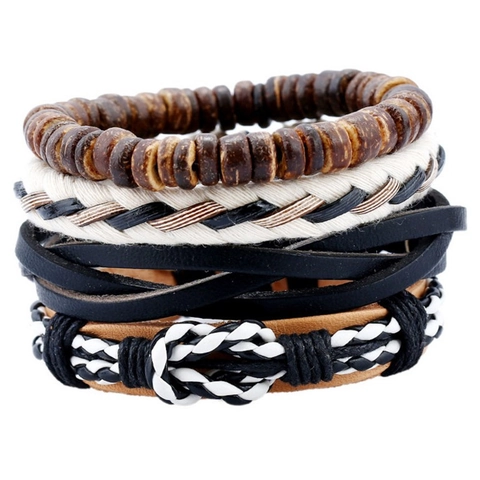 Vintage Meerlaagse Rundleren Armband Voor Dames Heren Handgemaakt Boheems Gevlochten Touw Houten Kralen Verstelbare Wrap Polsband