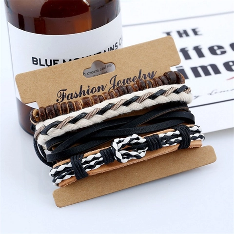 Vintage Meerlaagse Rundleren Armband Voor Dames Heren Handgemaakt Boheems Gevlochten Touw Houten Kralen Verstelbare Wrap Polsband