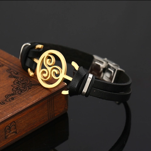 Pulsera de Cuero Negro de Doble Capa para Hombre Retro Con Amuleto de Símbolo de Trisquel Celta de Acero Inoxidable Joyería Punk