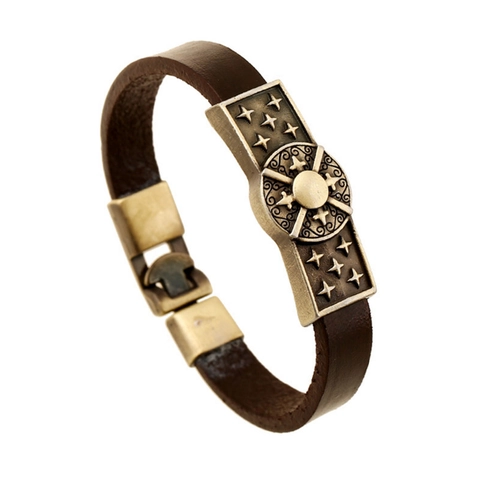 Bracciale Vintage da Uomo in Pelle di Vacchetta Pieno Fiore Placca in Lega Ottagramma Stile Punk Bronzo Marrone Unisex