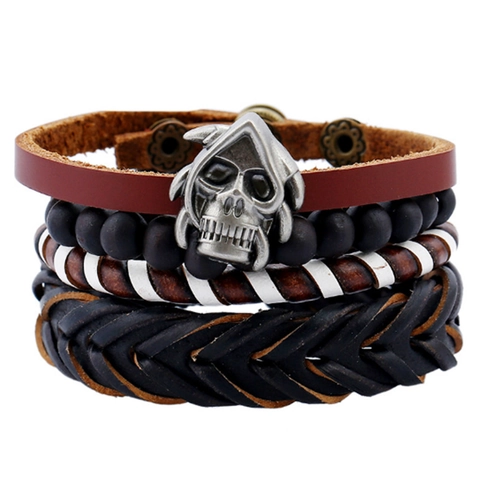 Men Retro Multi-Layer Leather Bracelet Set Handmade Braided Cowhide Alloy Skull Anchor Pendant Wristband Punk Fashion Jewelry