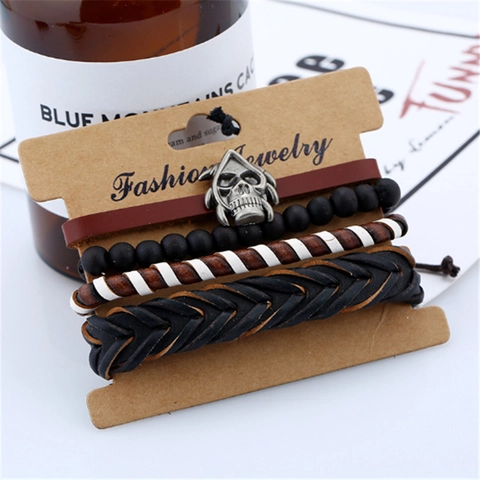 Men Retro Multi-Layer Leather Bracelet Set Handmade Braided Cowhide Alloy Skull Anchor Pendant Wristband Punk Fashion Jewelry