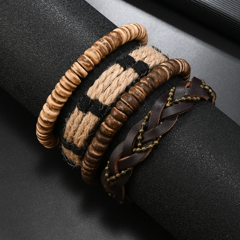 Set di Braccialetti in Pelle Retro Intrecciati a Mano in Corda di Canapa Con Perline in Legno Gioielli Regolabili da Uomo