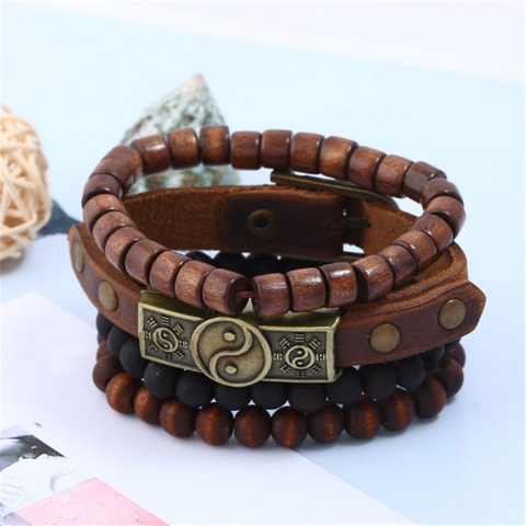 Vintage Multi-layer Leather Wood Beads Bracelet Set For Men Women Handmade Woven Tai Chi Yin Yang Bagua Ethnic Punk Jewelry
