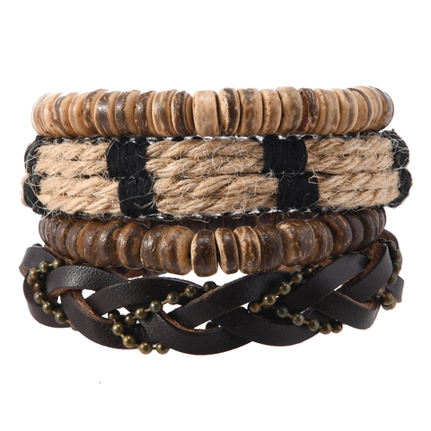 Set di Braccialetti in Pelle Retro Intrecciati a Mano in Corda di Canapa Con Perline in Legno Gioielli Regolabili da Uomo