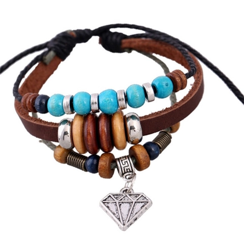Handmade Multi-Layer Leather Bracelet For Men Women Bohemian Style Wood Beads Alloy Diamond Pendant Adjustable Wrap Wristband Jewelry