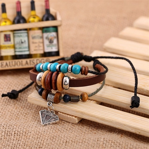 Handmade Multi-Layer Leather Bracelet For Men Women Bohemian Style Wood Beads Alloy Diamond Pendant Adjustable Wrap Wristband Jewelry