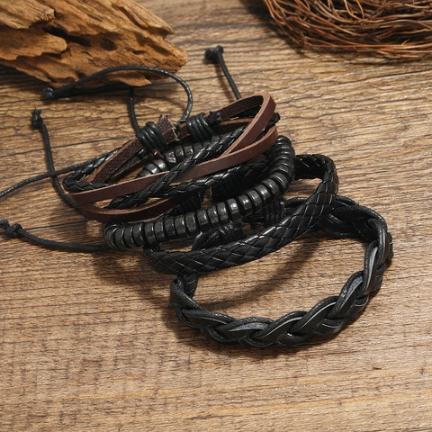 Vintage Geflochtenes Rindleder Mehrlagiges Armband Für Herren Retro Punk Boho Holzperlen Wickelarmband Mode Schmuck Geschenk
