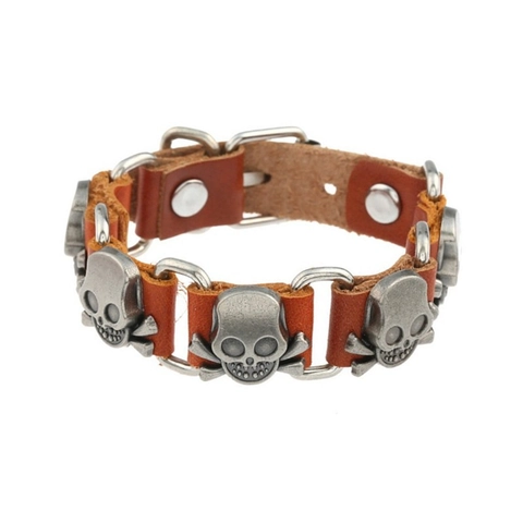 Pulsera de Cuero de Calavera Punk Rock Vintage para Hombre Aleación Remache Piel de Vaca Real Gótico Brazalete Ajustable Joyería Regalo