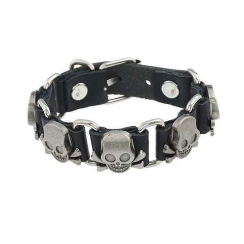 Pulsera de Cuero de Calavera Punk Rock Vintage para Hombre Aleación Remache Piel de Vaca Real Gótico Brazalete Ajustable Joyería Regalo