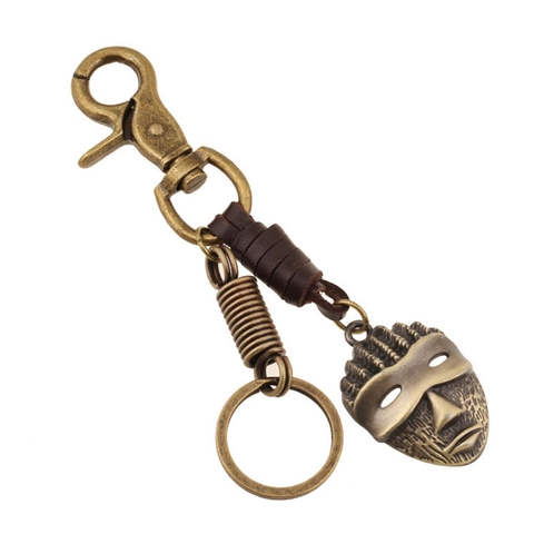 Vintage Rindsleder Metall Schlüsselanhänger Für Herren Bronze Ethnische Stammesmaske Anhänger Handgewebte Seil Schlüsselring Geschenk
