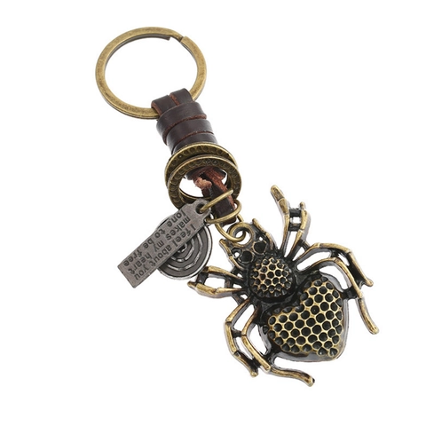 Llavero de Araña de Aleación Vintage Patrón de Corazón Textura de Panal Envuelto en Cuero de Vaca Colgante Grabado Hombre