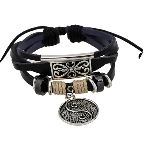 Bracciale Multistrato Retrò in Pelle Bovina e Lega Con Ciondolo Tai Chi Yin Yang Intrecciato Per Uomo Donna Gioielli
