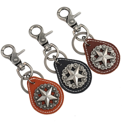 Vintage Alloy Five-Pointed Star Genuine Leather Keychain Retro Cowhide Car Key Ring Pendant For Men Women Gift Accessories