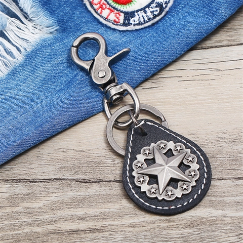 Vintage Alloy Five-Pointed Star Genuine Leather Keychain Retro Cowhide Car Key Ring Pendant For Men Women Gift Accessories