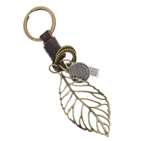 Portachiavi in Pelle di Vacca Vintage Foglia Lega di Bronzo Antico Ciondolo Foglia Traforata Targa con Citazione Accessorio Retro