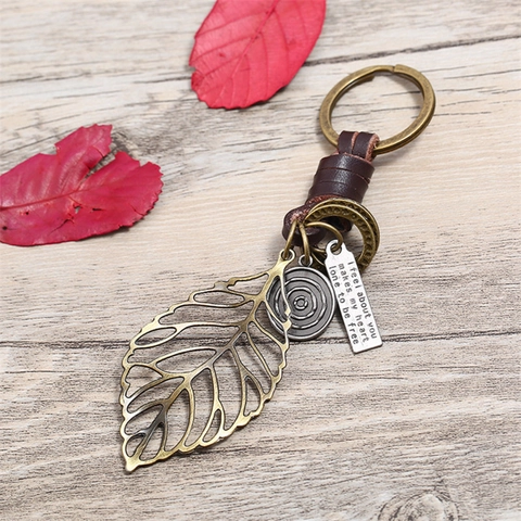 Portachiavi in Pelle di Vacca Vintage Foglia Lega di Bronzo Antico Ciondolo Foglia Traforata Targa con Citazione Accessorio Retro